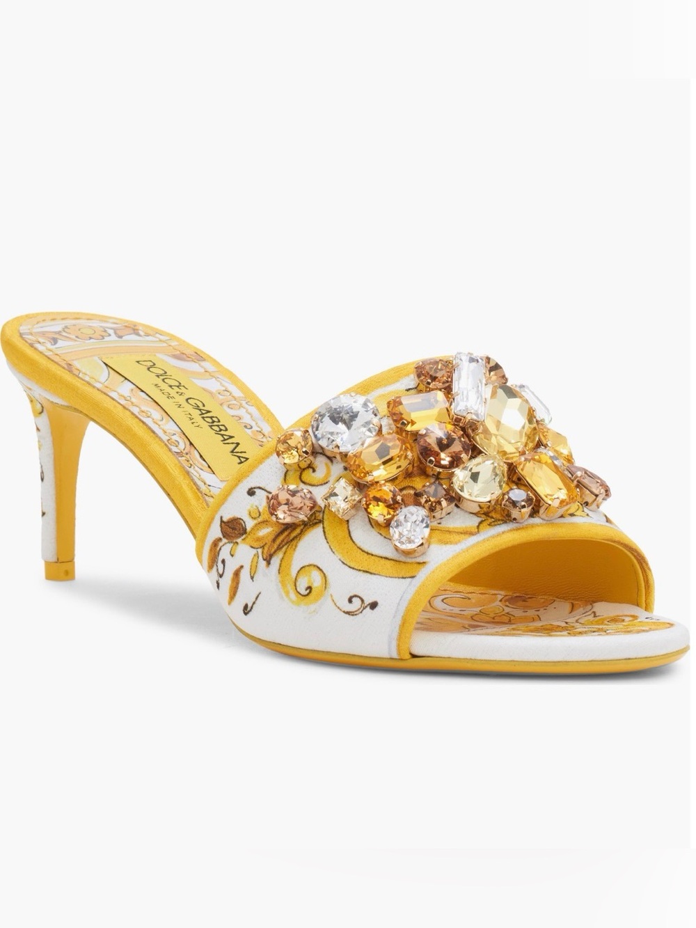Dolce & Gabbana Majolica Yellow Jeweled Slide Sandals 37.5